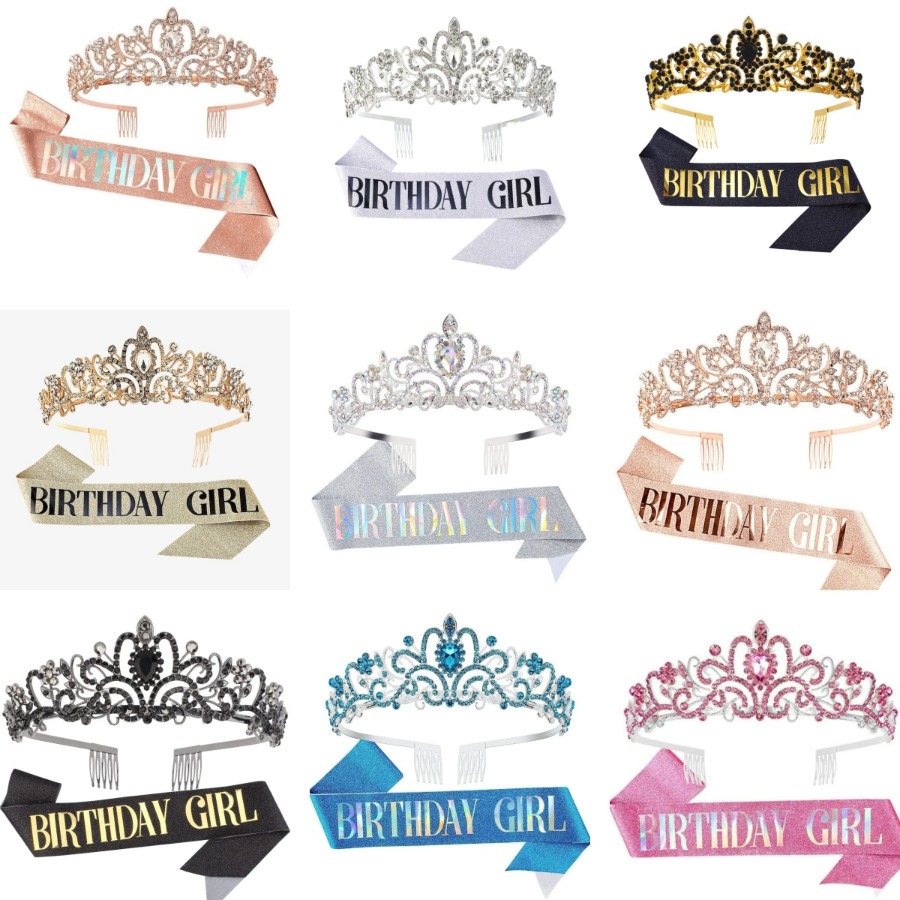 Birthday Sash Glitter - 2Pcs Set Rhinestone Crystal Crown Tiara