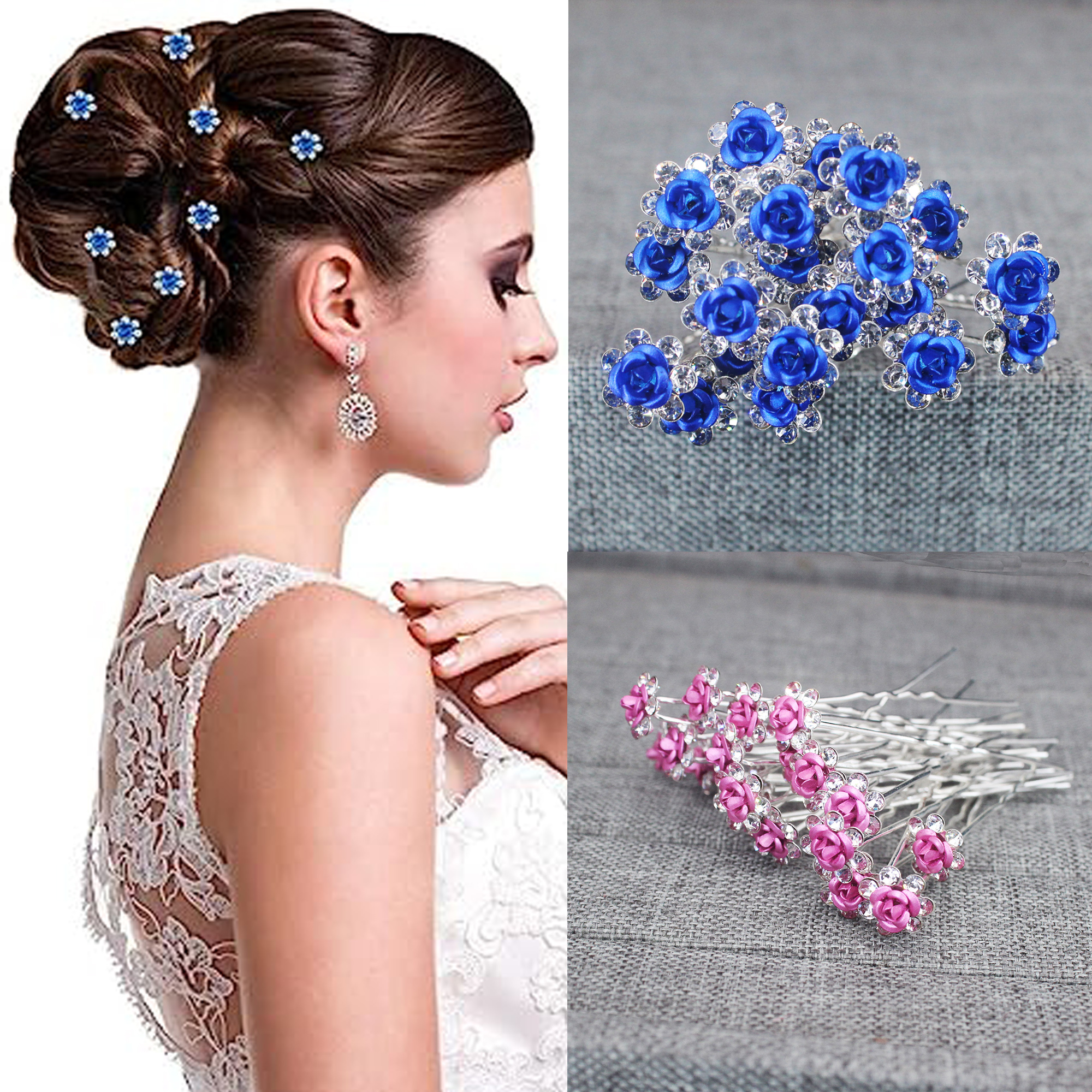 Event Suppliers - 20PCS Rose Flower Rhinestone Hairpins Crystal