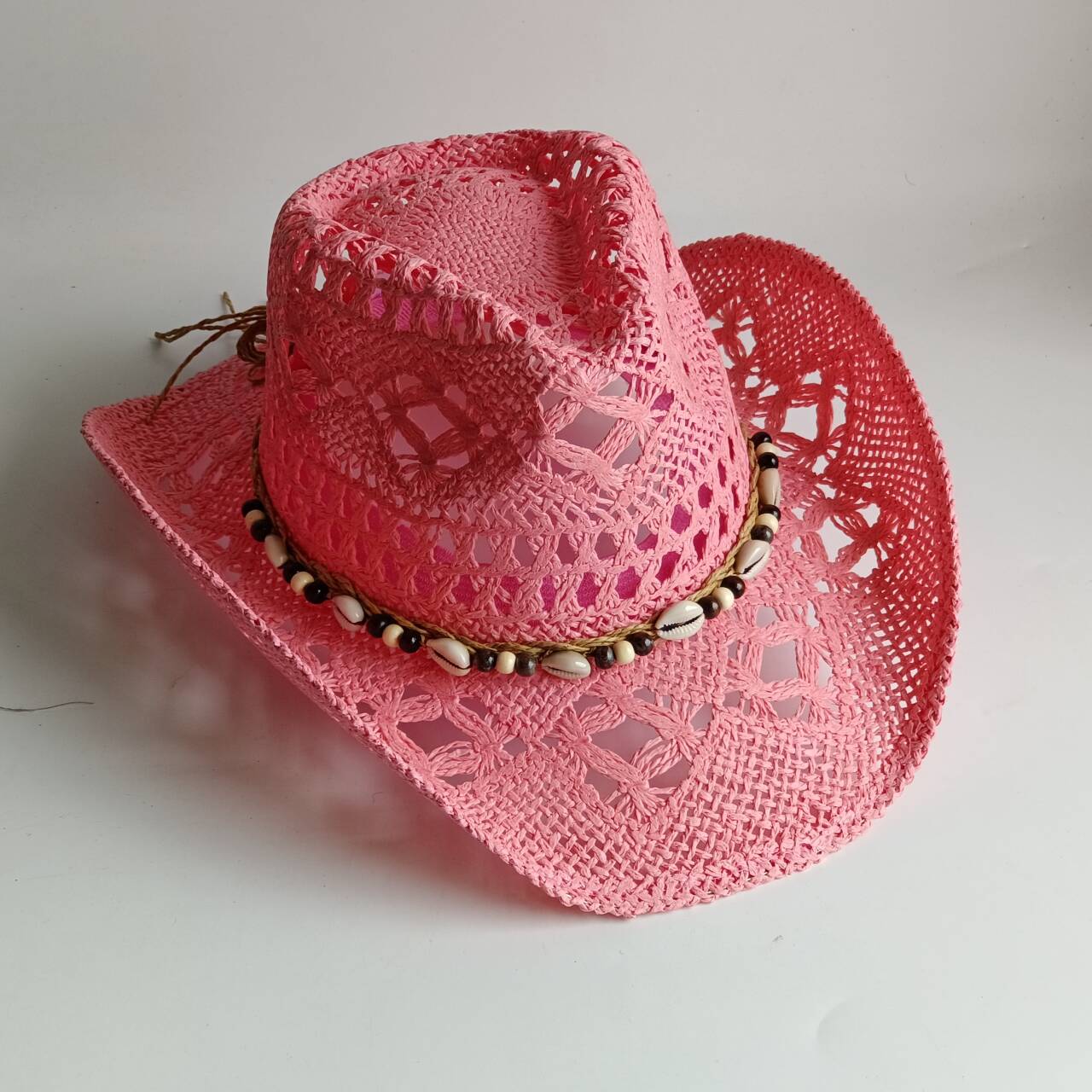 Paper Straw Color - Pink Cowboy straw hat hollow handmade
